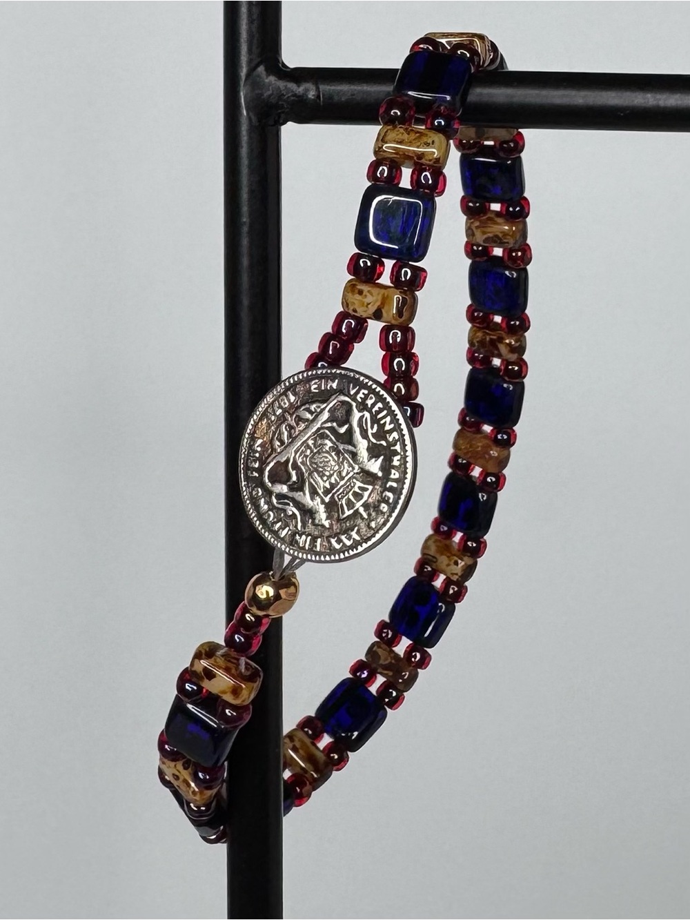 Handmade Wrap CzechMates Tile Beaded Bracelet Blue Red Picasso Tan Charm 7” NWT